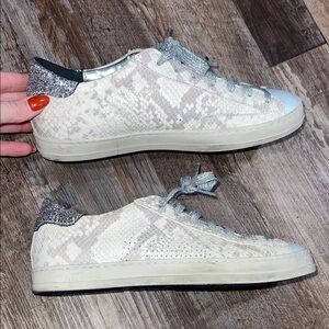 P448 Women's Cream and Silver Snake Print Sneakers
